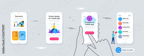 Set of Smartphone sms, Gear and Face id line icons. Phone ui interface. Include Search employee, Mobile like, Ranking stars icons. Inventory cart, Swipe up, Internet web elements. Vector