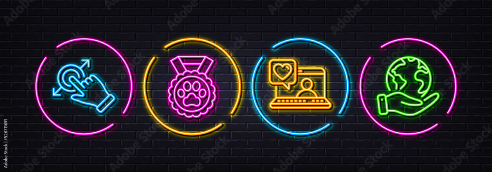 Touchscreen gesture, Friends chat and Dog competition minimal line icons. Neon laser 3d lights. Save planet icons. For web, application, printing. Drag drop, Love, Winner medal. Outsourcing. Vector