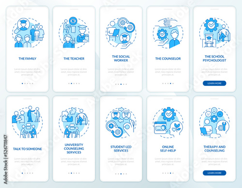 Student mental health awareness blue onboarding mobile app screen set. Walkthrough 5 steps editable graphic instructions with linear concepts. UI, UX, GUI template. Myriad Pro-Bold, Regular fonts used