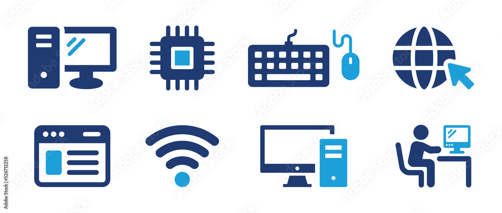 Information technology icon set. Containing computer gadget, Pc,  electronics, keyboard, wifi and website icon. Vector illustration. Stock  Vector