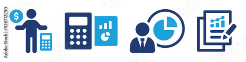 Accounting icon set. Containing accountant, calculation, analyst, businessman, financial report icon. Vector illustration.