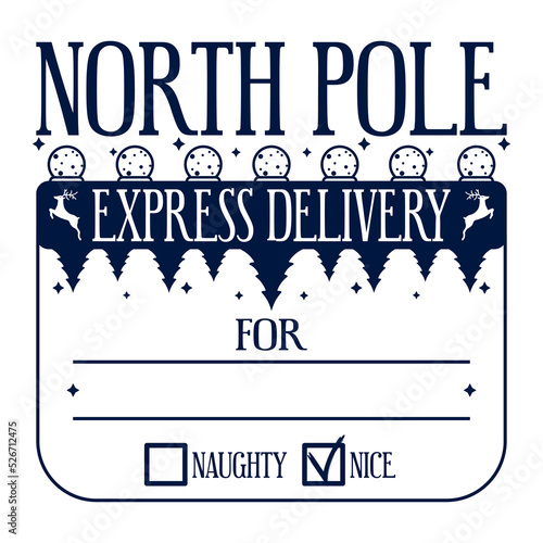 North pole express delivery. Xmas design for a personalized gift bag from Santa Claus. Template for christmas handmade gifts. Vector illustration.