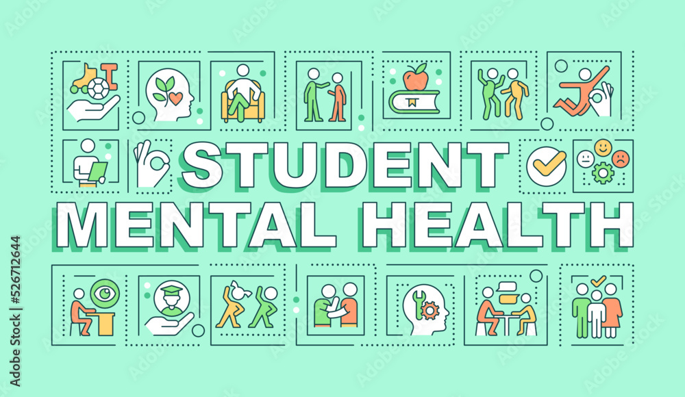 Student mental health word concepts mint banner. Healthy nutrition. Infographics with editable icons on color background. Isolated typography. Vector illustration with text. Arial-Black font used
