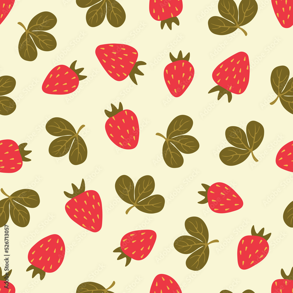 Seamless vector vegetal pattern with stylized tasty red strawberries and cute green leaves on beige background. Seamless vector vegetal pattern with stylized tasty red strawberries and cute green leaves on beige background.