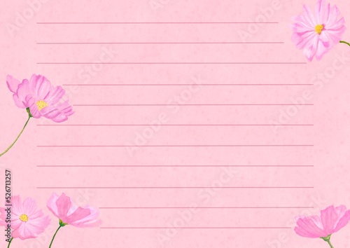 ピンク色の背景とコスモス5本をあしらった全て手描きの可愛い便箋（横）