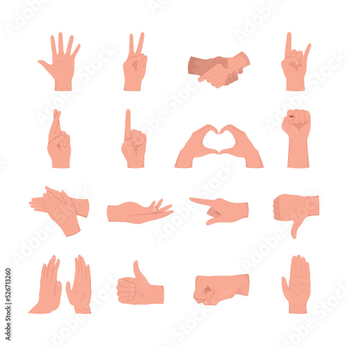 Sign language semi flat color vector hand gesture set. Editable pose. Human body part on white. Interaction cartoon style illustration for web graphic design, animation, sticker pack collection