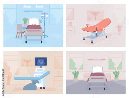 Hospital examining cabinets and wards flat color vector illustrations set. Healthcare service. Fully editable 2D simple cartoon interiors with clinic offices on background collection