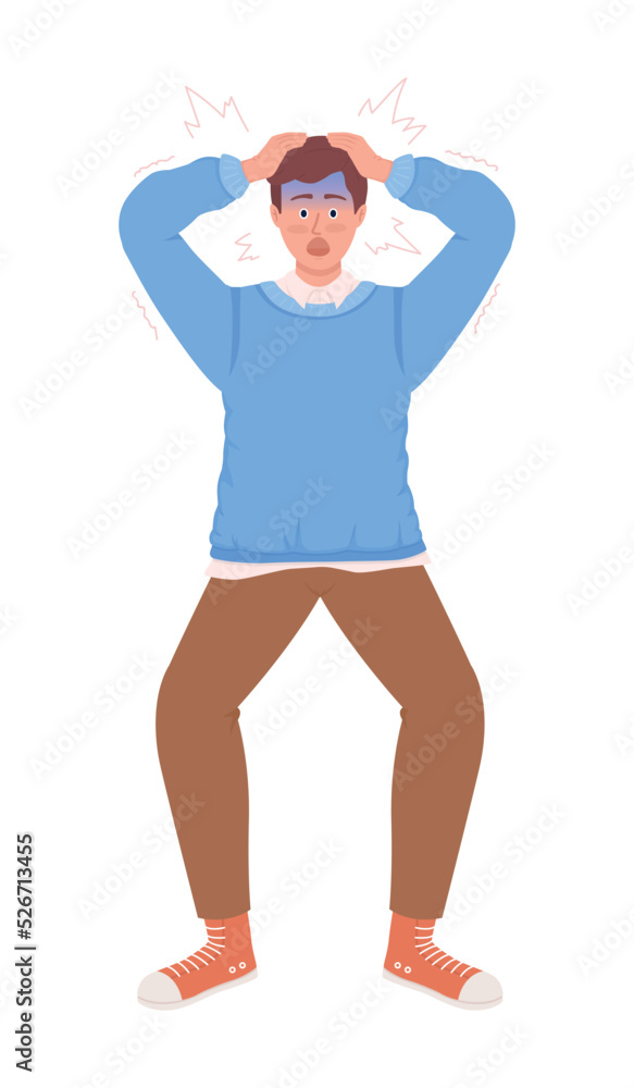 Stressed out man clutching head semi flat color vector character. Editable figure. Full body person on white. Panic simple cartoon style illustration for web graphic design and animation