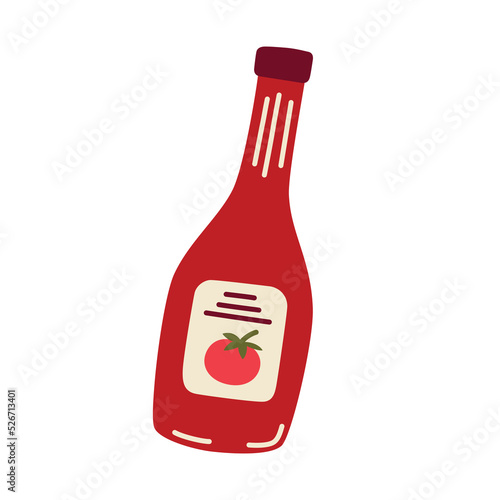 Ketchup bottle doodle, vector illustration of tomato catsup sauce in glass bottle, supermarket product icon, isolated colored clipart on white background