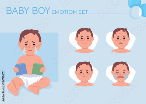 Crying baby boy semi flat color character emotions set. Editable facial expressions. Upset child vector style illustration for motion graphic design and animation. Quicksand font used