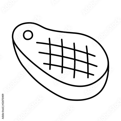 Raw meat doodle icon, vector illustration of steak chop, fresh beef slice in butcher shop, grocery product, isolated outline clipart on white background