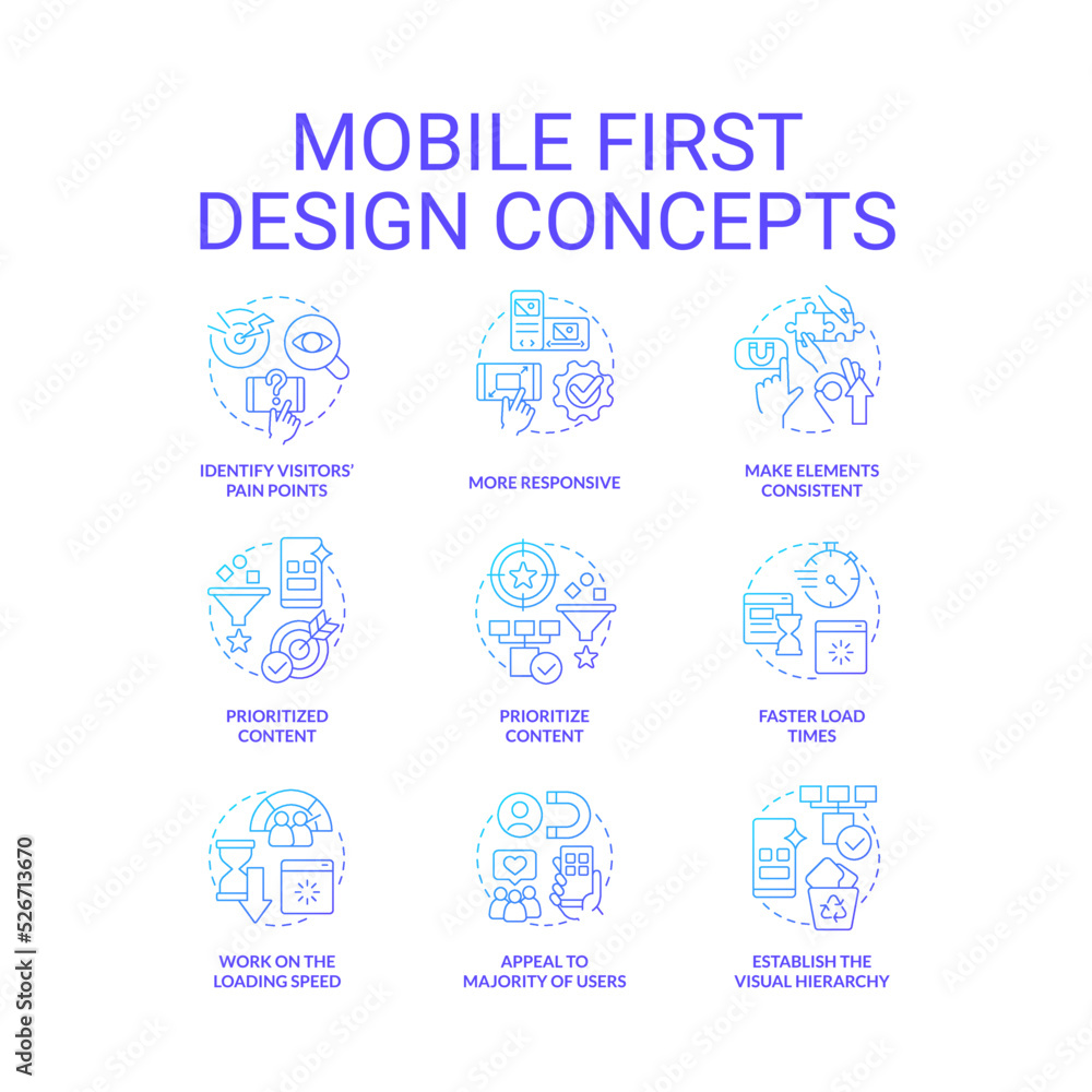 Mobile first design blue gradient concept icons set. Website development. Adjustable site idea thin line color illustrations. Isolated symbols. Roboto-Medium, Myriad Pro-Bold fonts used