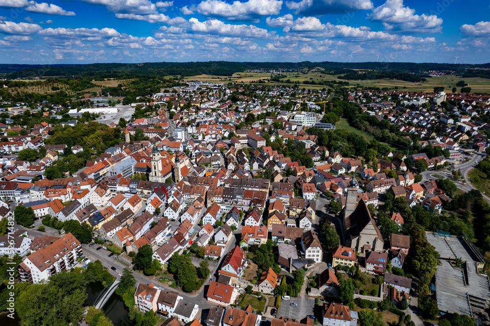Aerial view of the city Crailsheim in Germany on a sunny summer day 