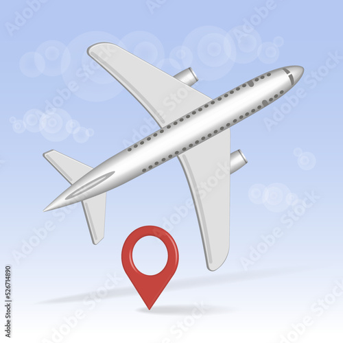 Airplane with location indication, online travel and tourism planning concept, 3d illustration.