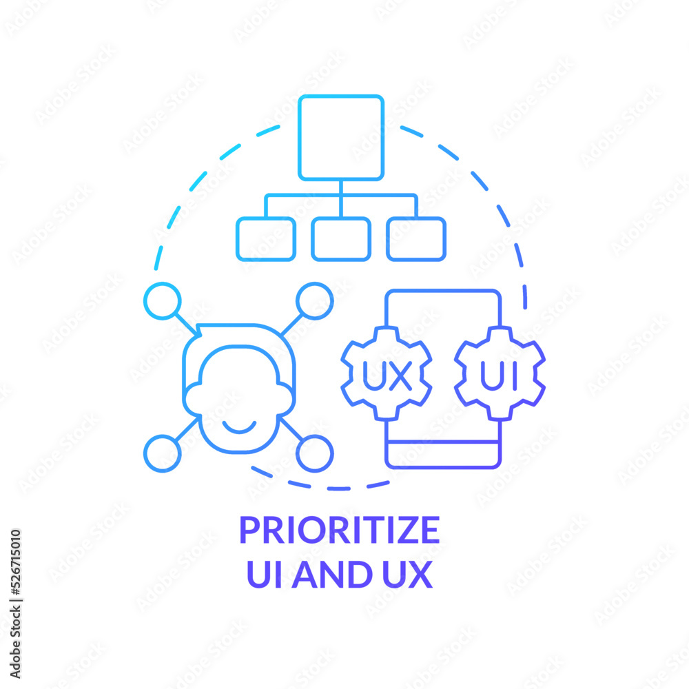 Prioritize UI and UX blue gradient concept icon. User experience. Mobile website development abstract idea thin line illustration. Isolated outline drawing. Myriad Pro-Bold font used Prioritize UI and UX blue gradient concept icon. User experience. Mobile website development abstract idea thin line illustration. Isolated outline drawing. Myriad Pro-Bold font used