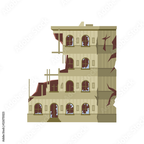 Demolished multi story building and residential house, destroyed home and architectural construction and sight. City, town, or metropolis with damage done. Vector illustration