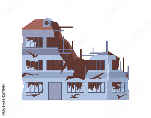 Demolished multi story building and residential house, destroyed home and architectural construction and sight. City, town, or metropolis with damage done. Vector illustration