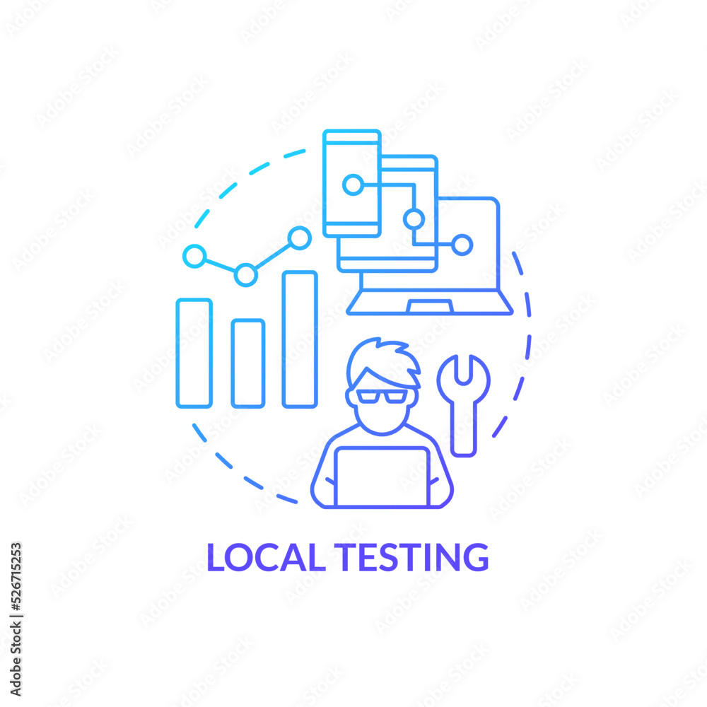Local testing blue gradient concept icon. Check and examine website. Mobile first design testing abstract idea thin line illustration. Isolated outline drawing. Myriad Pro-Bold font used Local testing blue gradient concept icon. Check and examine website. Mobile first design testing abstract idea thin line illustration. Isolated outline drawing. Myriad Pro-Bold font used