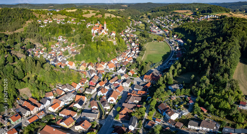Aerial view around the old town of the village and monastery Kastl in in Germany, Bavaria. on a sunny day in summer.