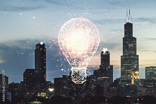 Virtual Idea concept with light bulb illustration on Chicago skyline background. Multiexposure