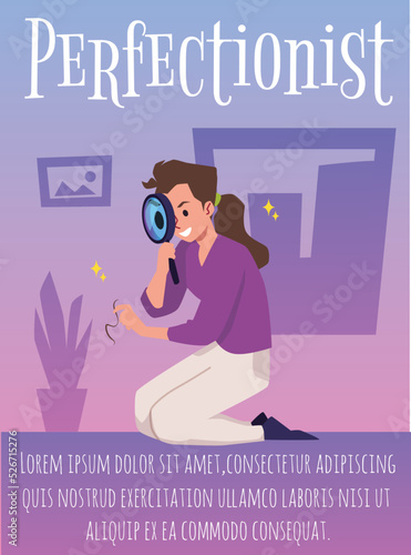 Woman obsessed with cleaning holds magnifier, perfectionism poster template, flat vector illustration.