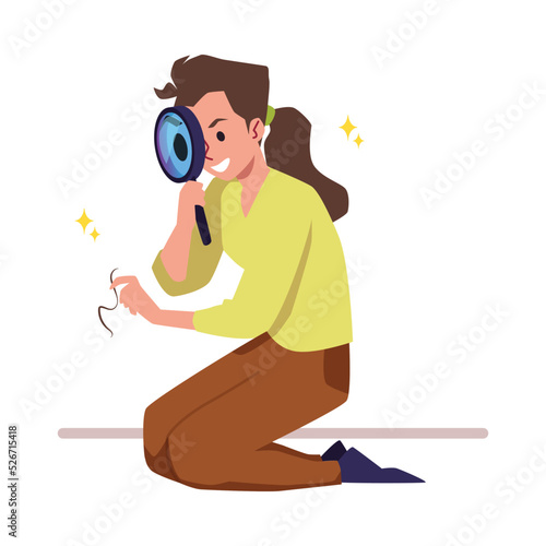 Smiling girl sitting on his knees and looking at hair through magnifying glass flat style