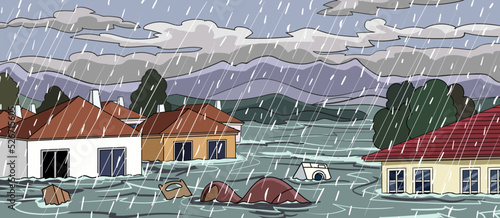 Flood in town, river water stream flow at city street with cottage houses. Natural disaster with rain and storm at countryside area with flooded buildings, climate change. Cartoon vector illustration