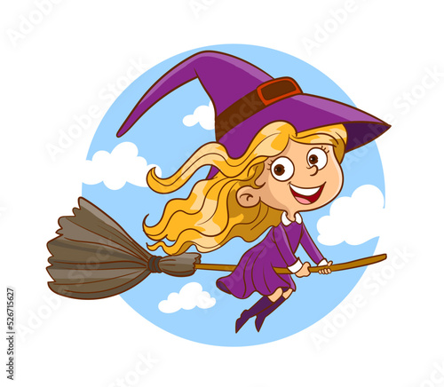 Halloween  flying little witch. Girl kid in halloween costume flying over the moon. Retro vintage. Isolated.