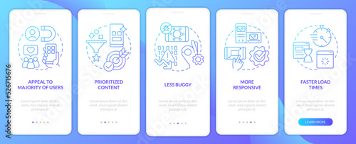 Advantages of mobile first design blue gradient onboarding mobile app screen. Walkthrough 5 steps graphic instructions with linear concepts. UI, UX, GUI template. Myriad Pro-Bold, Regular fonts used