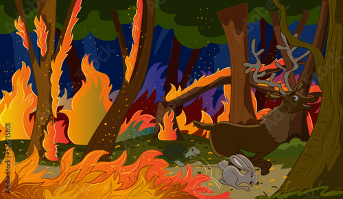 animals escaping from wildfire and wildfire background.vector illustration.