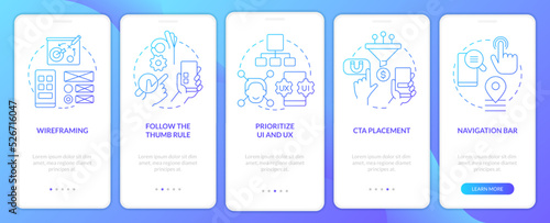 Mobile website development blue gradient onboarding mobile app screen. Walkthrough 5 steps graphic instructions with linear concepts. UI, UX, GUI template. Myriad Pro-Bold, Regular fonts used