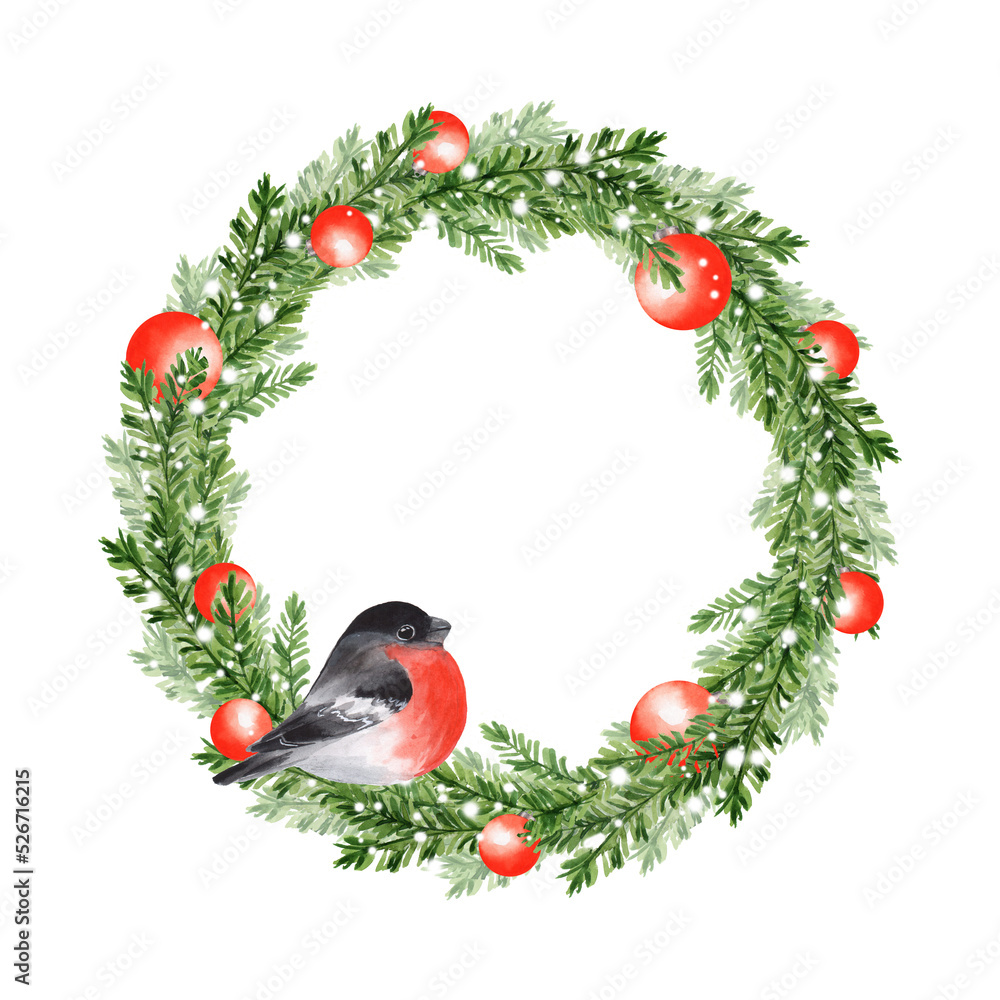 Naklejka premium Watercolor illustration. Christmas fir tree wreath with bird