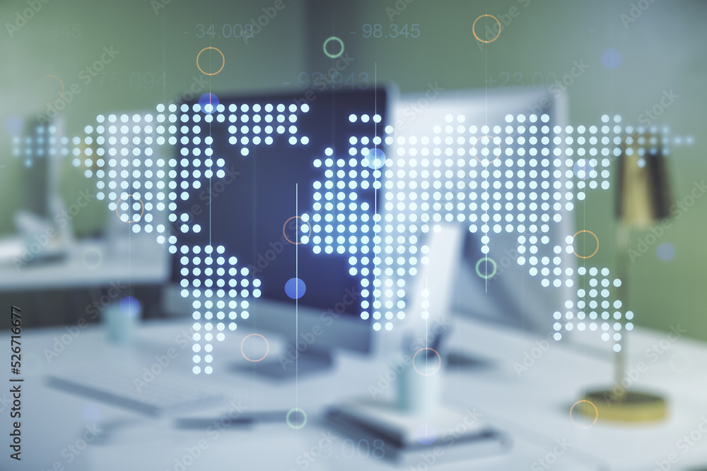 Abstract creative world map on modern laptop background, international trading concept. Multiexposure Abstract creative world map on modern laptop background, international trading concept. Multiexposure
