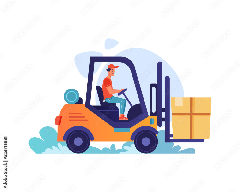 Deliveryman on cargo loader loading parcel box for shipping and distribution. Courier on shipment service, transportation and logistic of parcels. Vector flat cartoon illustration