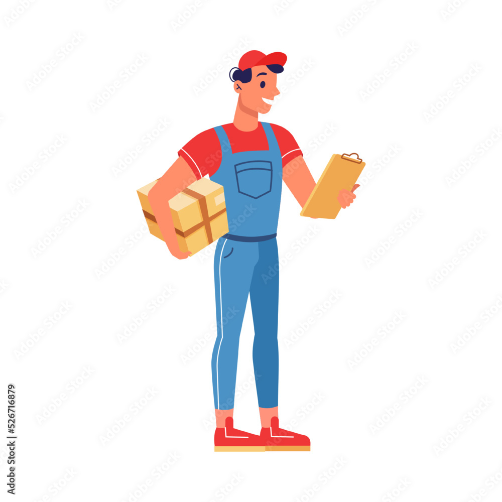 Mailman deliver parcel box on address, check list for signature in hands. Deliveryman job occupation, speed deliver to home door. Vector flat cartoon illustration Mailman deliver parcel box on address, check list for signature in hands. Deliveryman job occupation, speed deliver to home door. Vector flat cartoon illustration