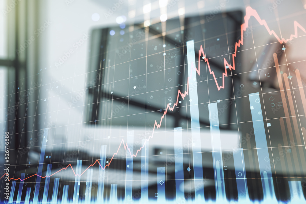 Double exposure of abstract creative financial diagram on modern laptop background, banking and accounting concept Double exposure of abstract creative financial diagram on modern laptop background, banking and accounting concept