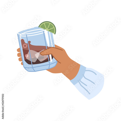 Glass of alcohol drink with ice cubes in hand isolated flat cartoon vector illustration. Irish bourbon whiskey in bartender hand, rum with slice of lime, cocktail with cola and brandy