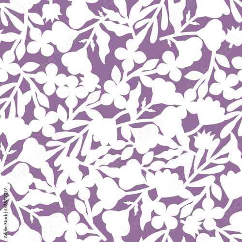 White silhouettes of flowers on light purple background. Floral  Seamless pattern with overlapping flower shape.