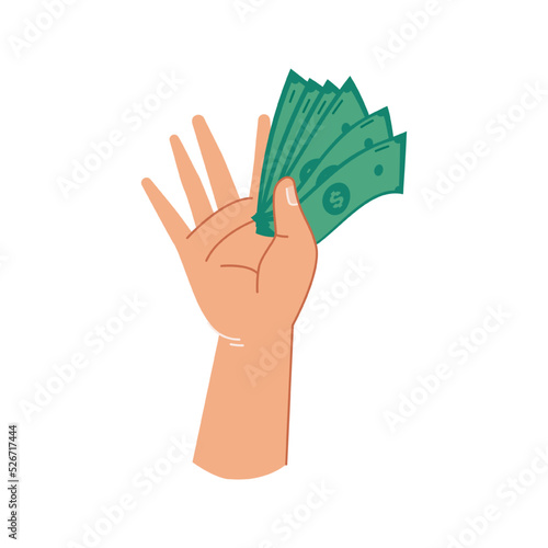 Green dollar banknotes in hand, isolated palm with paper money for paying. Giving loan, saving financial assets or exchanging, wealthy person with cash. Flat cartoon style vector illustration