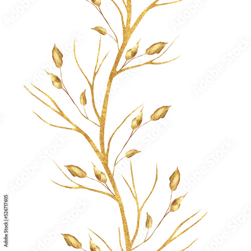 Gold dry branch. Seamless border