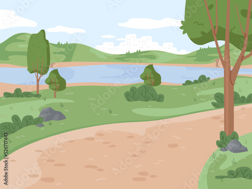 Landscape park, river ponds, green trees and grass scenery background. Vector ecology clean nature, bushes and blue sky. Summertime forest panorama, lawn