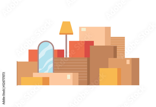 Packed cardboard boxes with personal stuff, plants, home decoration and furniture isolated flat cartoon of pack with things. Vector relocation or moving in home or office, belongings in packages