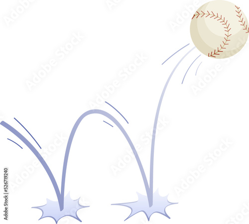 Bouncing baseball game ball with trajectory jumps on the ground. Bascketball accessories. Bounce ball. Sport playing equipment. Baseball game symbol. Flat vector isolated design element