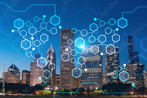 Chicago skyline from Butler Field to financial district skyscrapers, night time, Illinois, USA. Parks and gardens. Decentralized economy. Blockchain, cryptography and cryptocurrency concept, hologram