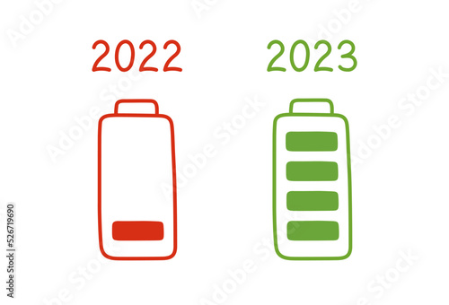 New year 2023 happy, loading battery full. Concept 2022 year end, vector illustration. Battery charge in cartoon style. Isolated color element on a white background. Indicator load bar