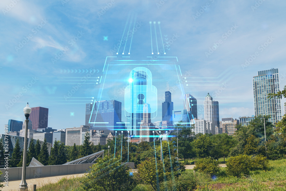 Fototapeta premium Chicago skyline from Butler Field towards financial district skyscrapers, day time, Chicago, Illinois, USA. Parks gardens. The concept of cyber security to protect companies confidential information