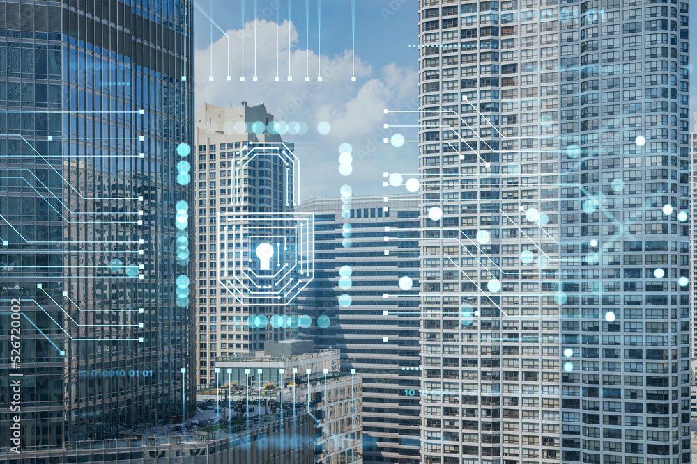 Obraz premium Aerial panoramic city view of Chicago downtown area, day time, Illinois, USA. Birds eye view, skyscrapers, skyline. Concept of cyber security to protect companies confidential information, hologram