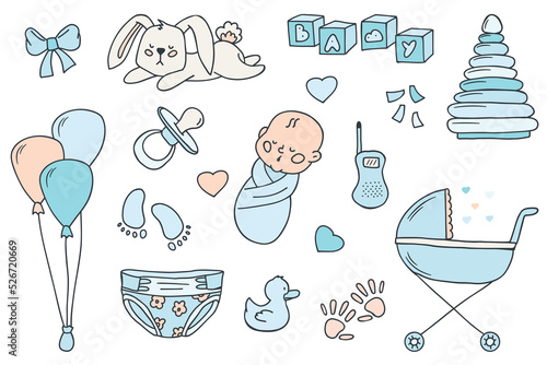 Newborn baby items. Set of baby care accessories, toys, baby clothes. Doodle vector isolated on white background.