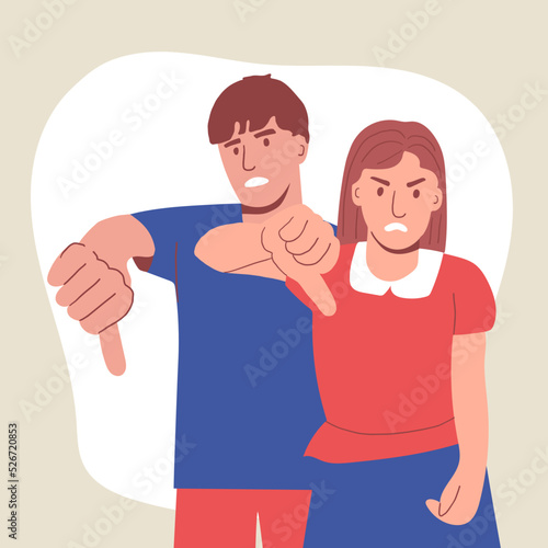 Disappointed couple man and woman with thumb down. A gesture of disapproval. Negative emotion of the person. disliked. flat vector.