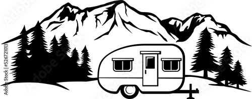 Landscape - camping in mountains with camper trailer (adventure and travel design). Png illustration.